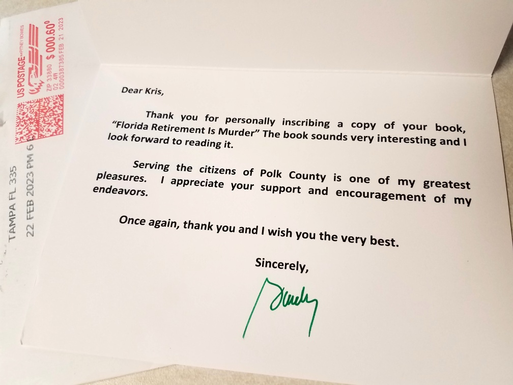 Special note or letter from Kris Courtney related to Sheriff Grady Judd's shout-out for Florida Retirement Is Murder