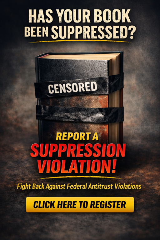 Author Suppression Registry Has your book been suppressed, censored, or quietly buried? Authors and readers are increasingly reporting unexplained review removals, visibility loss, and listing suppression across major platforms — often without notice, transparency, or a clear appeals process. When reviews disappear, rankings drop, or books become harder to find, the impact is real: 📉 reduced discoverability 📉 lost reader trust 📉 unfair competitive disadvantage This is not about opinion — it’s about documentation, transparency, and accountability. The Author Suppression Registry exists to provide a centralized place where authors and readers can record, document, and preserve evidence of suspected suppression or censorship events that may raise serious concerns under federal antitrust and fair-competition standards. 🔍 Why this matters Independent authors rely on honest reviews and equal platform treatment to reach readers. When those signals are altered or removed without explanation, it undermines confidence in the publishing ecosystem as a whole. 📘 What you can do If you believe a book has experienced: • Sudden review removals • Rating suppression • De-indexing or reduced visibility • Unexplained moderation actions You are encouraged to register the incident. Submissions help establish patterns, timelines, and transparency — not accusations. 👉 Select the image to register a suppression report. Your submission helps protect authors, readers, and the integrity of publishing platforms.